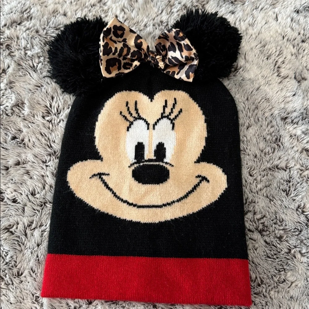 Disney Minnie Mouse Girls Kids Beanie Hat Pom Pom Ears With Leppard Bow Cute